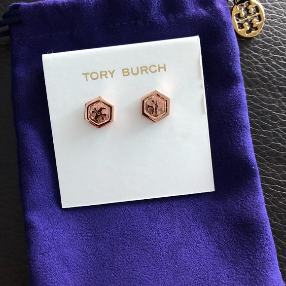 Tory Burch Rose Gold Hexagon Stud Earrings - Picture 2 of 6